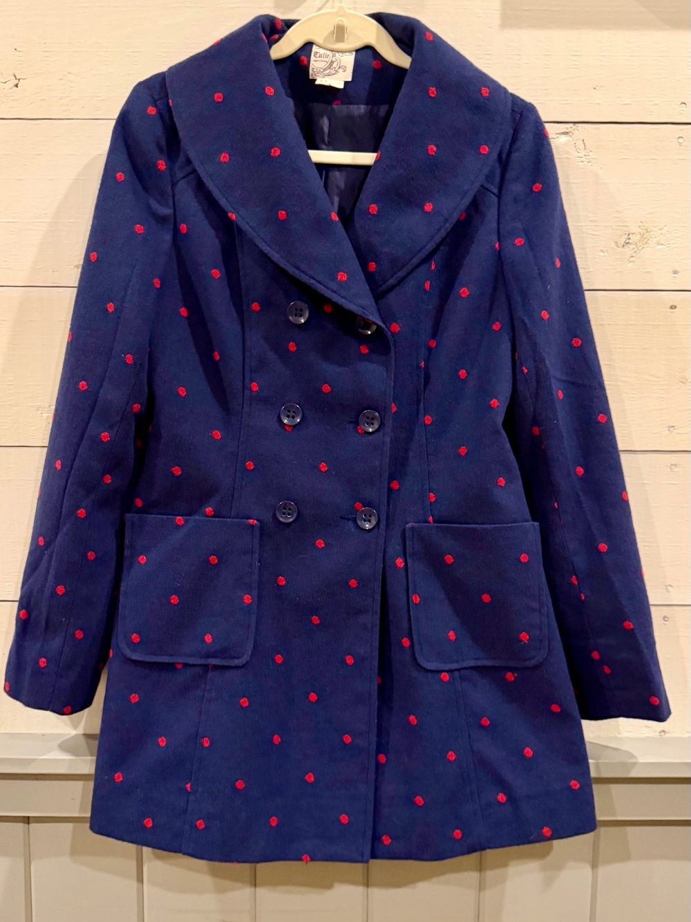 Tulle Navy Blue Red Polka Dot Double Breasted Pea Coat Size M